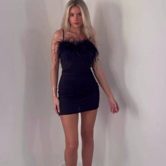 Zara Black Rhinestone Feather Mini Dress Stretch Fit Bodycon Size Small - Picture 1 of 12